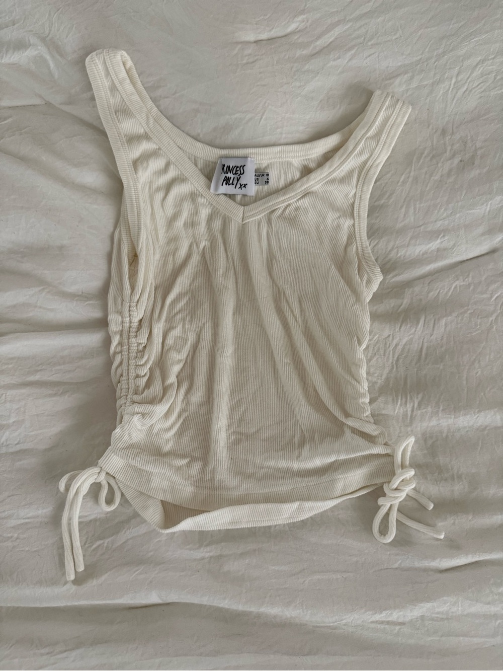Princess Polly Cream Ribbed Side-Tie V-Neck Tank